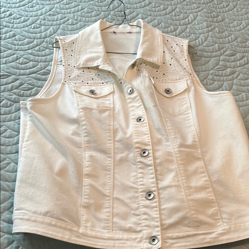 White Sleeveless Denim Vest with Studs.